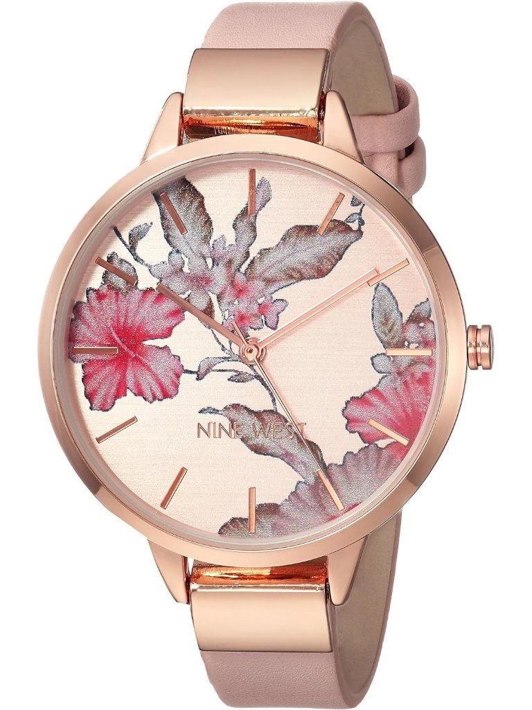 Nine West Womens Pink And Rose Gold Analog Quartz Floral Dial Smooth Strap Watch